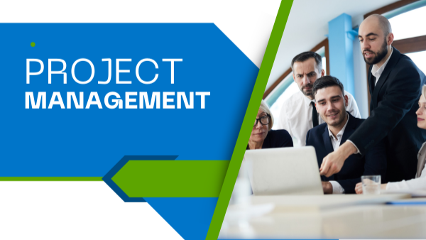 A professional project management banner showing a hand reviewing a Gantt chart on a laptop. The design highlights “Project Management Professional” with blue and green geometric shapes, representing planning, scheduling, and PMP certification training.